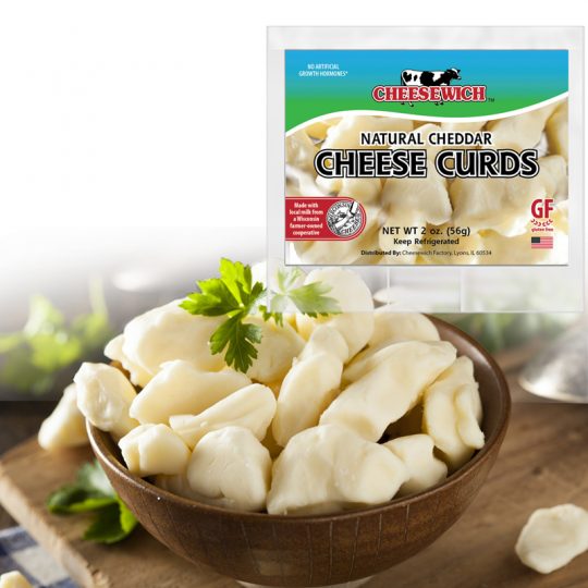 Package of Cheesewich™ all natural cheddar cheese curds. A wooden bowl of product filled with creamy large cheese curds.