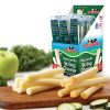 Carton of Opened 1 oz Cheesewich regular flavor cheese sticks. Nice cutting board with string cheese piles woth apple, cucumber very healthy and appetizing looking.
