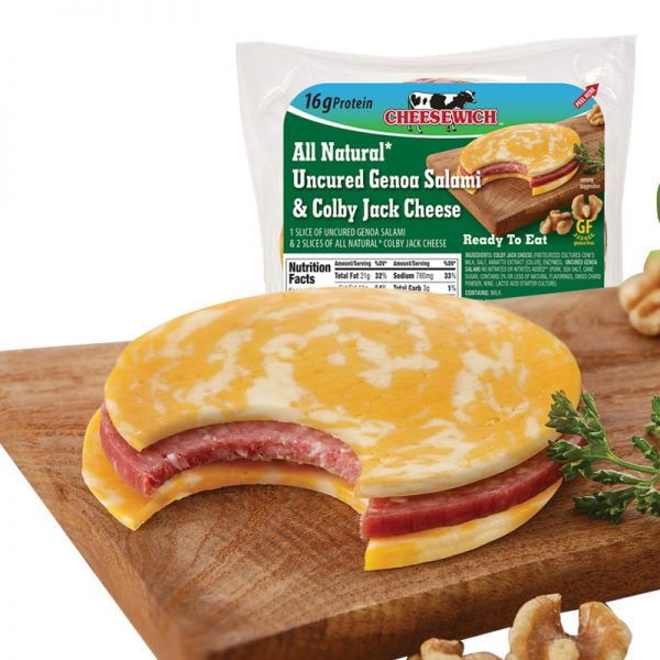 Cheesewich™ introduce all natural uncured genoa salami & Colby Jack Cheese made with award winning Wisconsin Cheese. 16 grams of protein ready to eat grab-n-go snack.