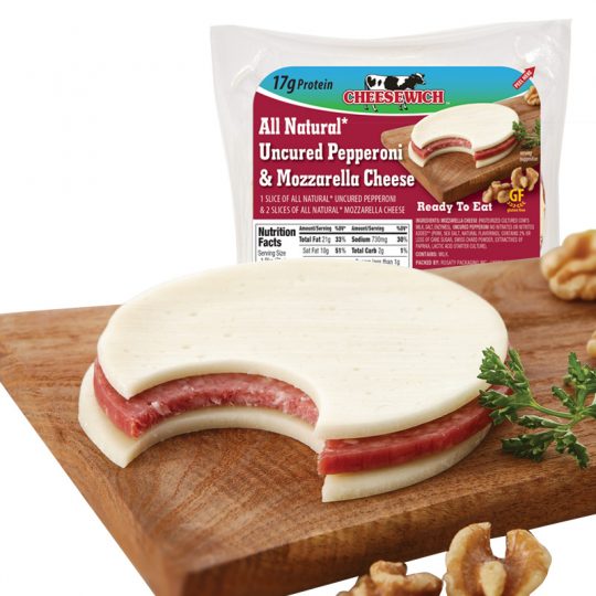 Cheesewich™ introduces all natural uncured pepperoni & mozzarella Cheese made with award winning Wisconsin Cheese. 17 grams of protein ready to eat grab-n-go snack.