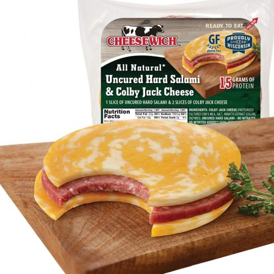 Package and unpackaged image of uncured hard salami and colby jack
