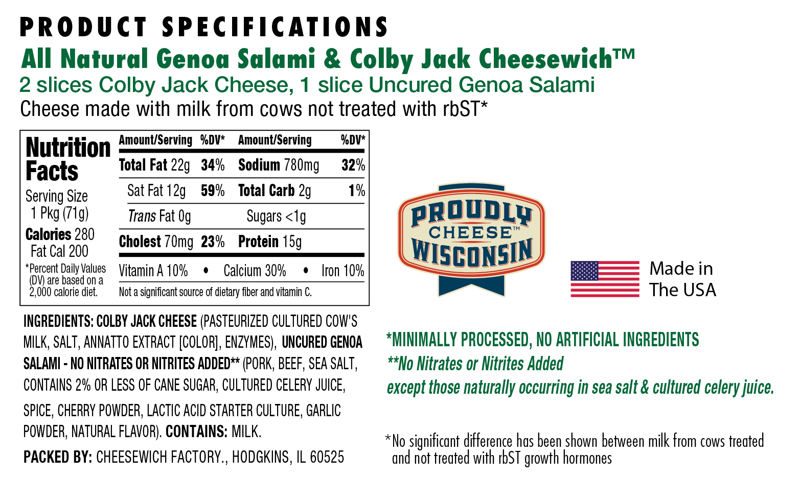Nutrition information and ingredients for All Natural Genoa Salami and Colby Jack Cheesewich™