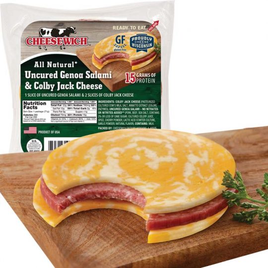 Cheesewich™ All Natural Uncured Genoa Salami in Colby Jack Cheese made with award winning Wisconsin Cheese. 16 grams of protein ready to eat grab-n-go snack.