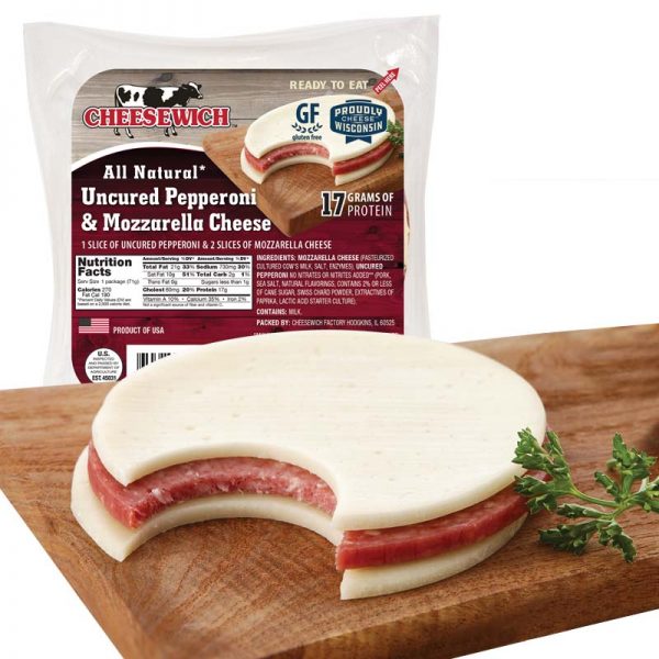 Uncured Pepperoni and Mozzarella Cheese in new package and shown out of package with bite on a cutting board.