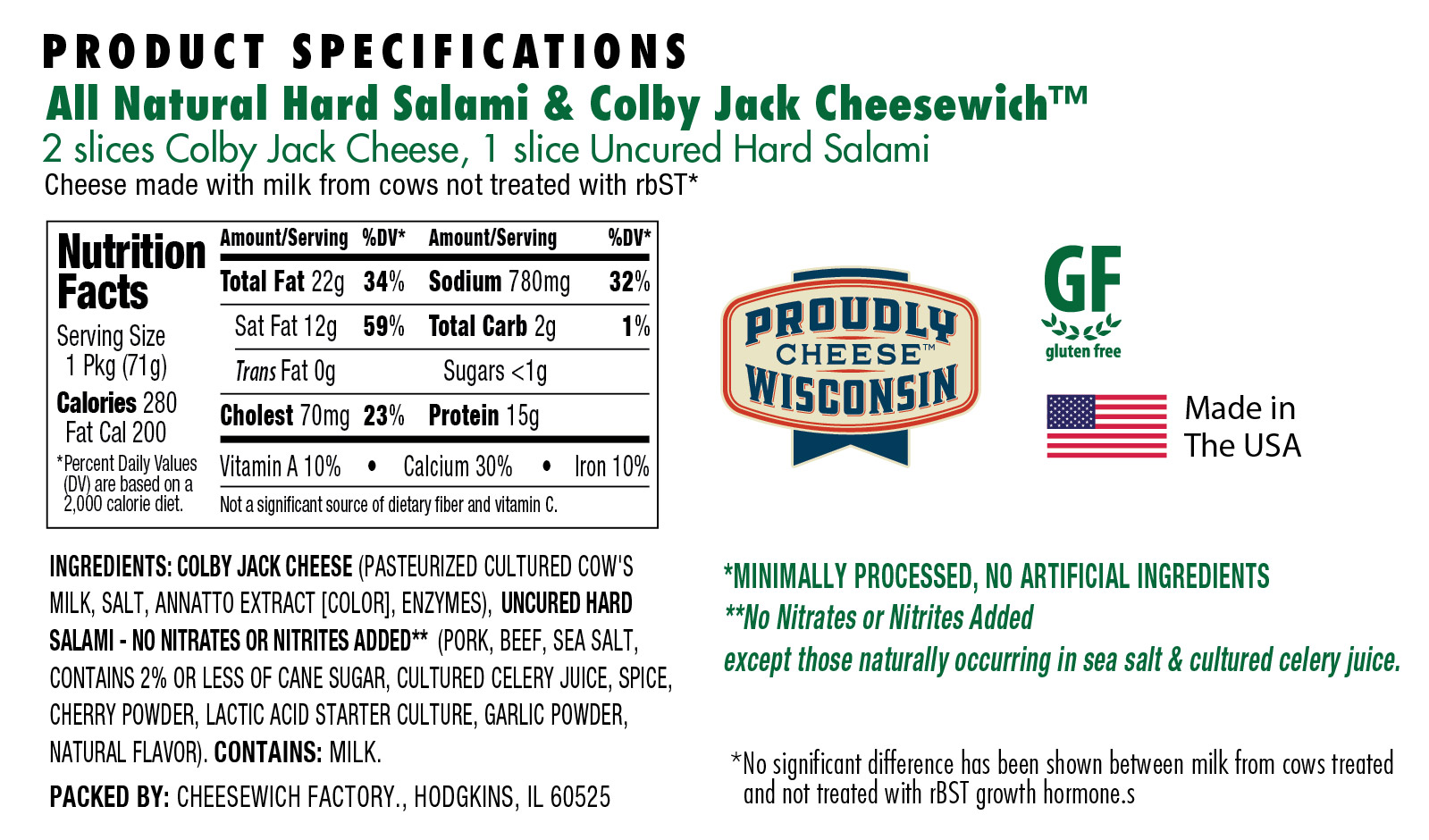 nutrition and ingredients for all natural uncured hard salami and colby jack cheese.