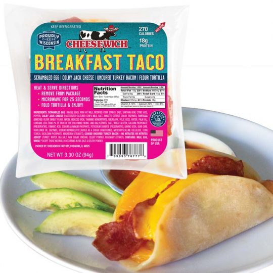 Updated Breakfast Taco Package with glamour image of prepped taco.