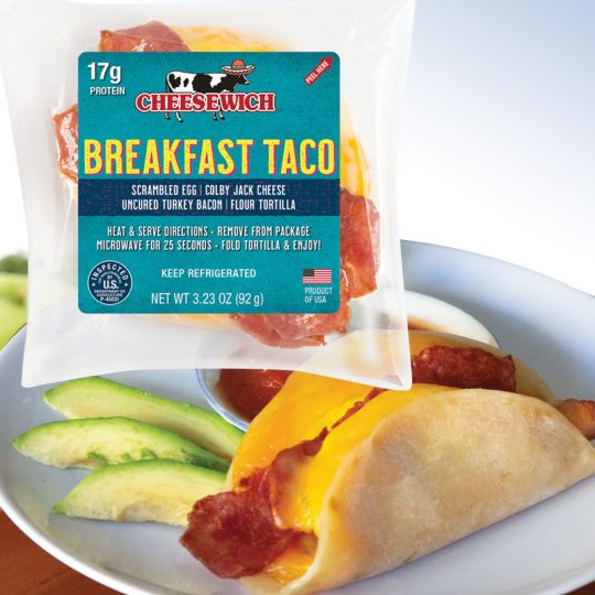 Cheesewich breakfast taco package with image of heated ready to eat taco.