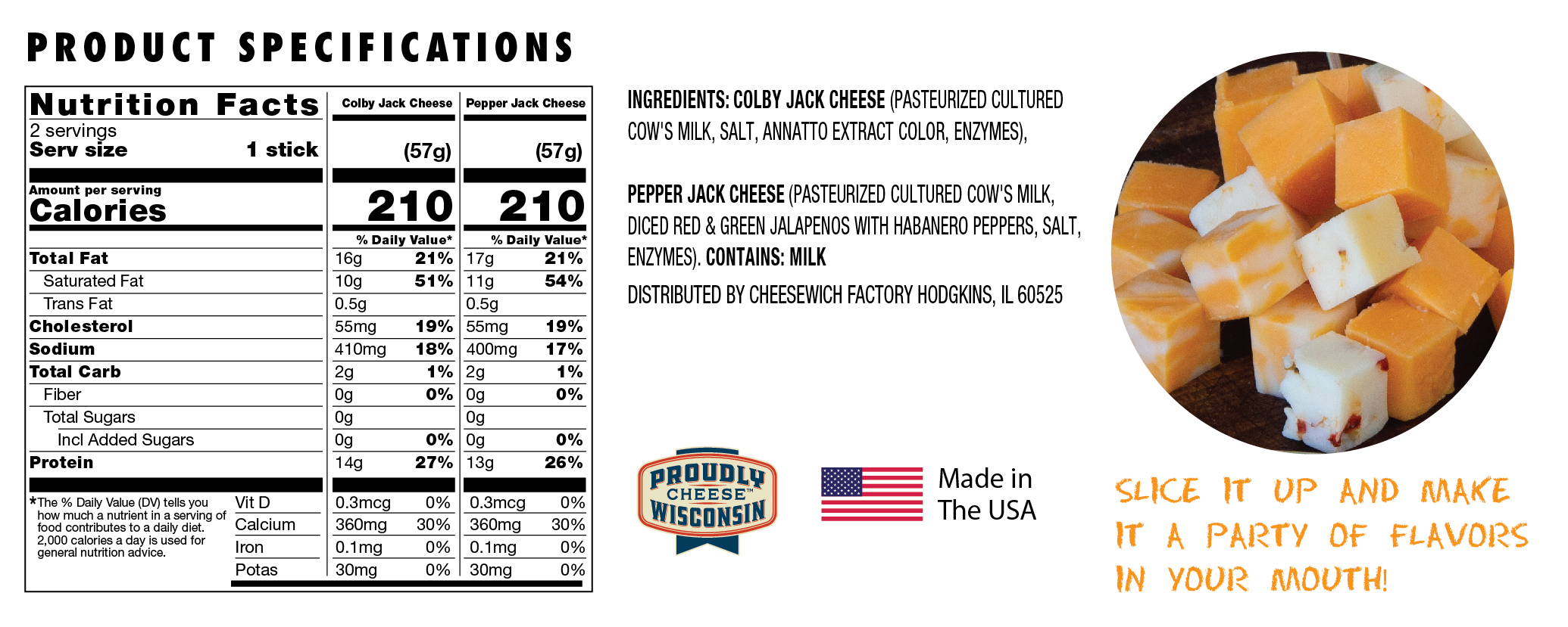 ingredients and nutrition info for each 2 oz block of cheese.