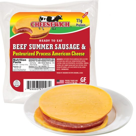 Package with opened product on plate. Shelf Stable American Cheese and Summer Sausage