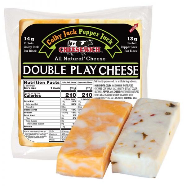 Double Play by Cheesewich, 2oz block of Colby Jack and 2oz block of Pepper Jack Cheese in one package.