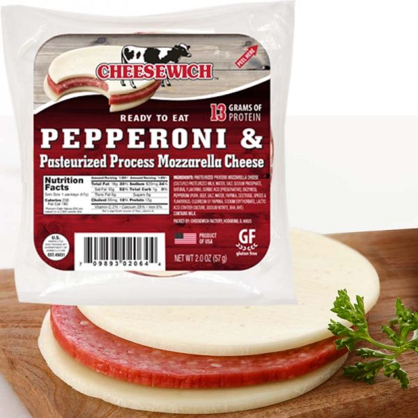 Product in package and out on cutting board. Shelf Stable Pepperoni and Mozzarella Cheese
