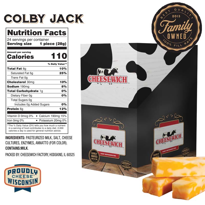 Nutrition information and ingredients for Cheesewich 1oz Colby Jack Cheese Sticks